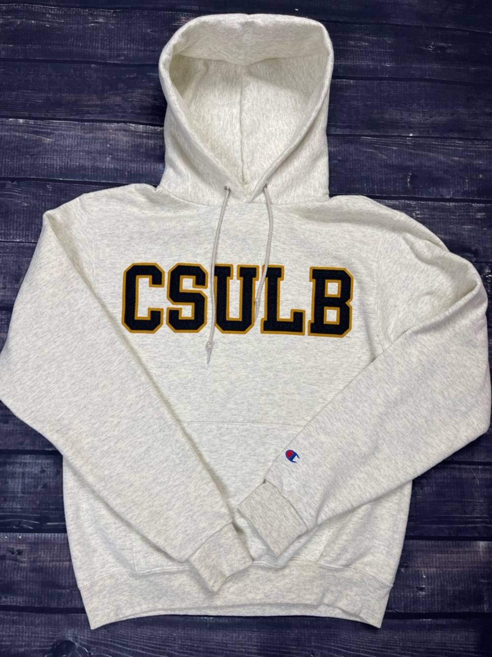 Champion Oatmeal Hooded Sweatshirt with Black & Gold CSULB Letters